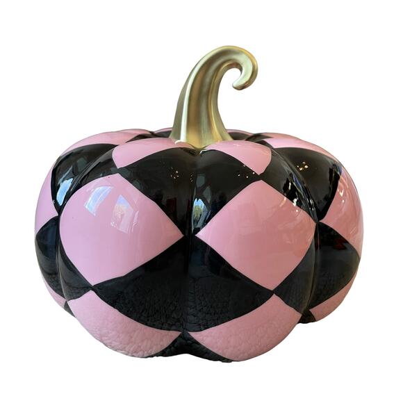 Halloween Harlequin Ceramic Pumpkin Pink & Black Chic Designer Fall Decor New